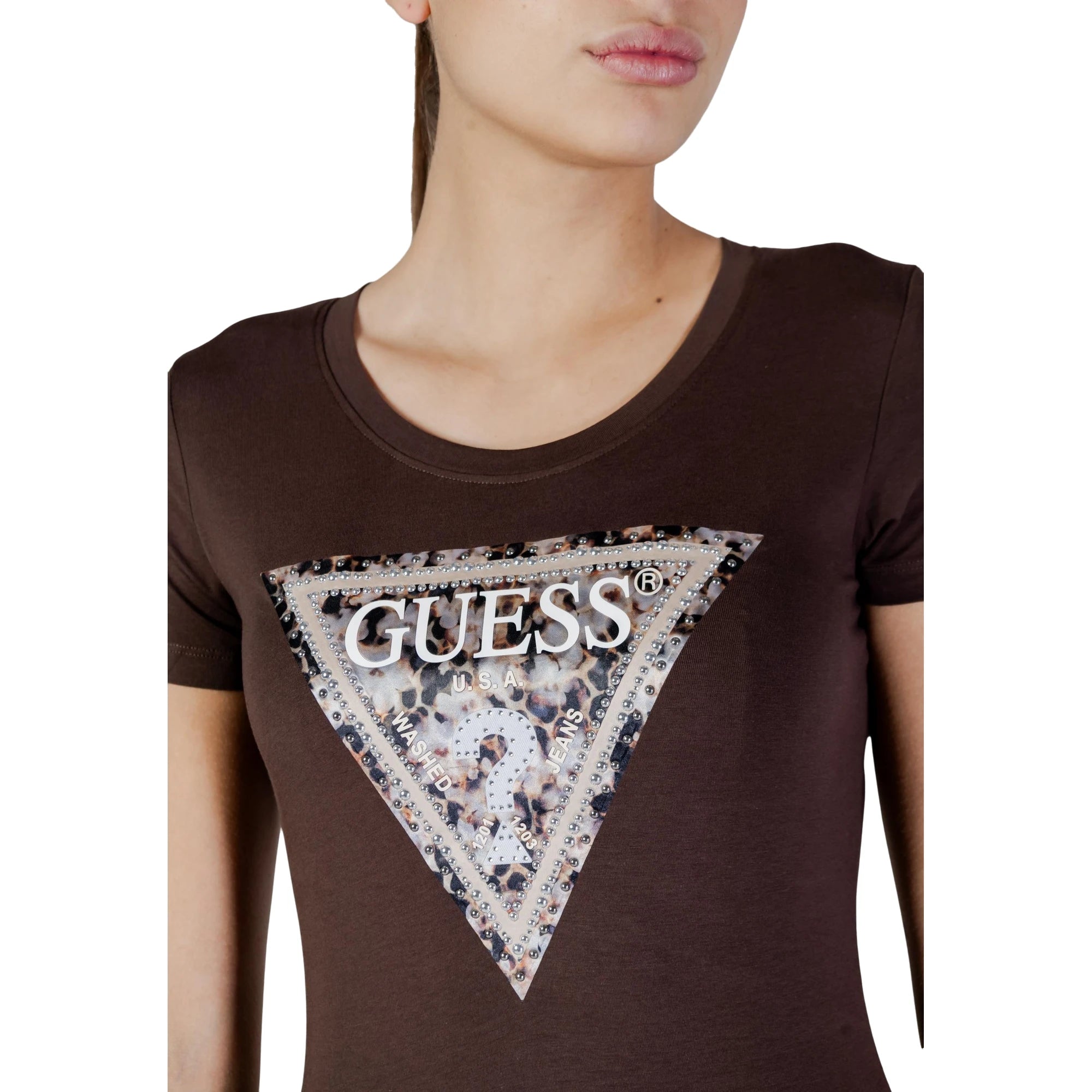 GUESS T-shirt da Donna LEO TRIANGLE TEE in Cotone Marrone