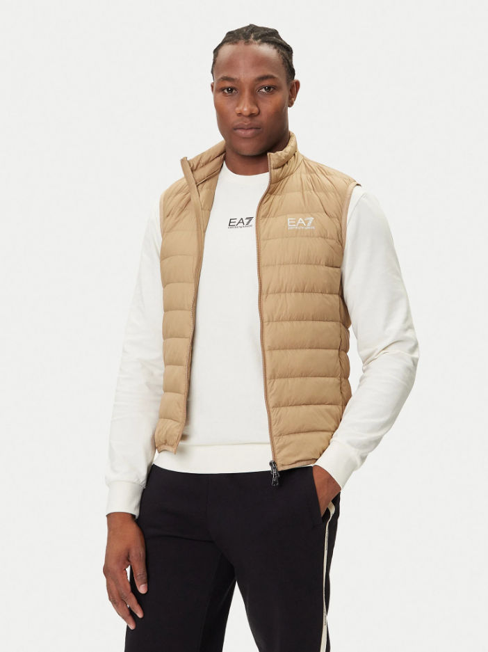 Gilet Uomo Beige, con impunture orizzontali e logo