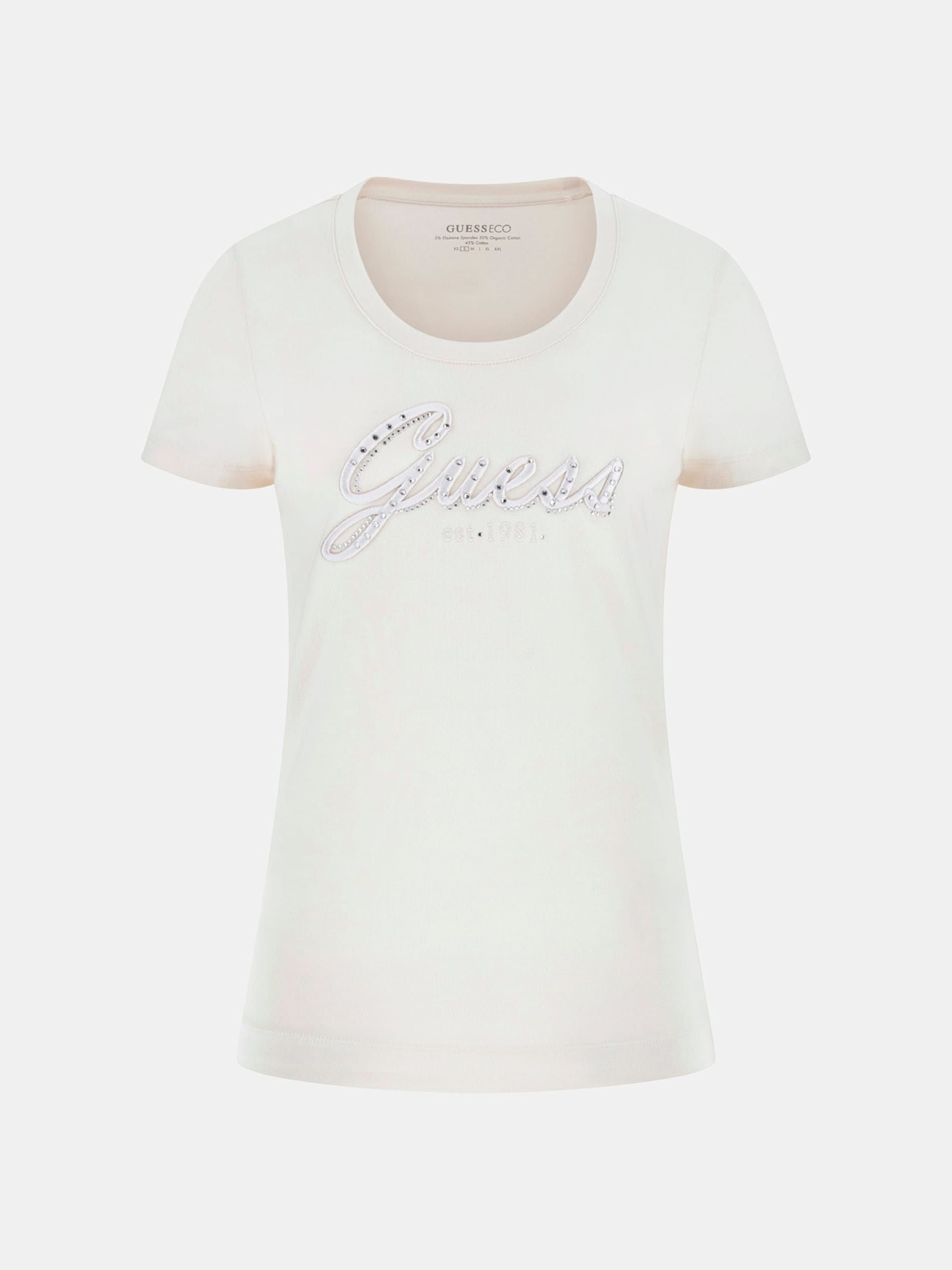 T-shirt Donna in jersey di cotone stretch, con ricamo e strass