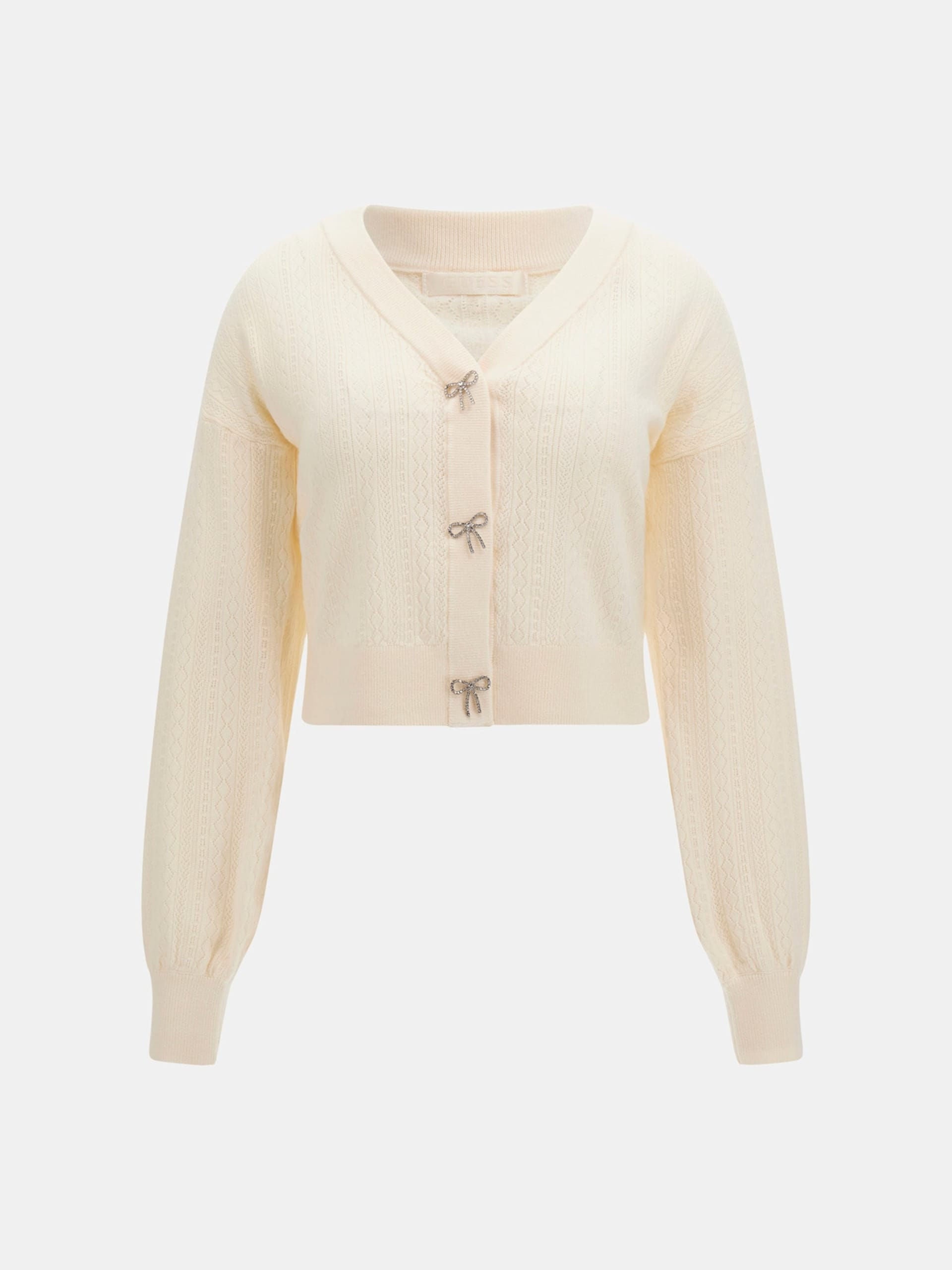 Cardigan Donna cropped, con scollo a V e bottoni a forma di fiocco frontali 